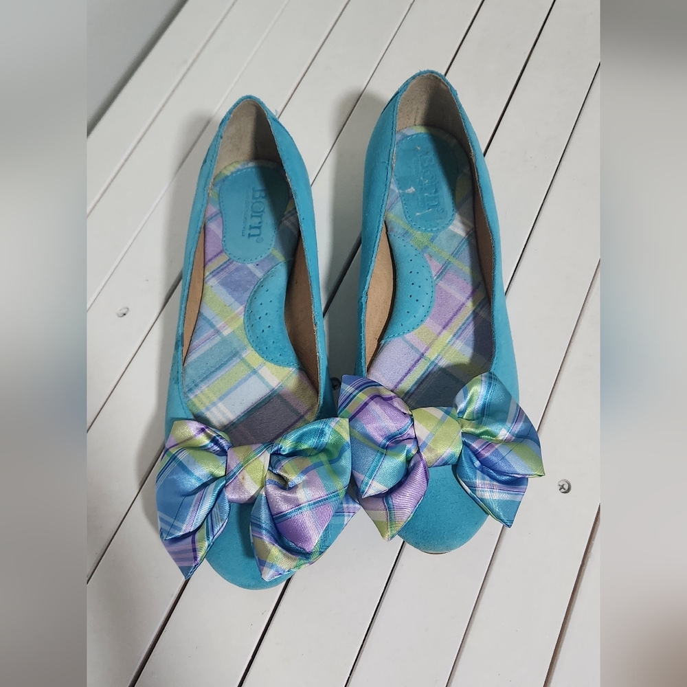 Børn Turquoise Blue Suede Ballet Flats with Plaid Bow - Size 8/39